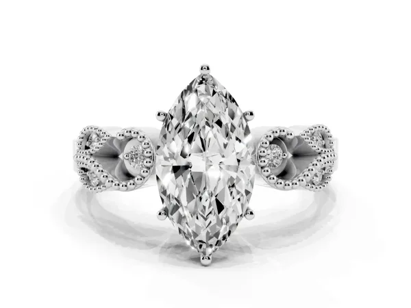 Marquise Cut Solitaire Milgrain Leaf Band with Prong Setting White gold