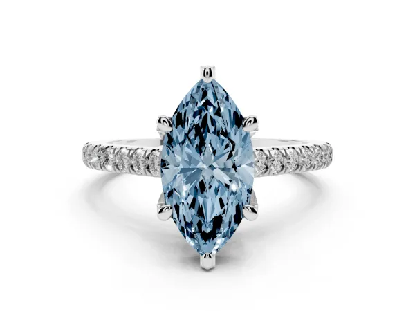 Fancy Blue Marquise Cut Brilliant Diamond Solitaire with Pavé Band and Four-Prong Setting Platinum