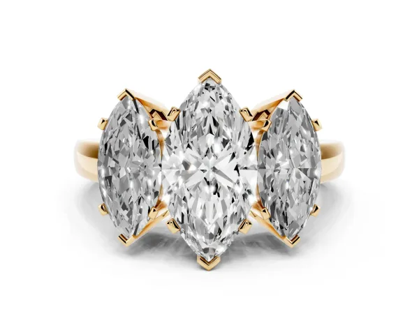 Three-Stone Marquise Cut Cut Diamond Ring with Channel Set Band and Four-Prong Setting Yellow gold