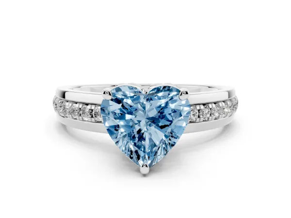 Fancy Blue Heart Cut Solitaire Diamond Ring with Channel Set Band and Six-Prong Setting White gold