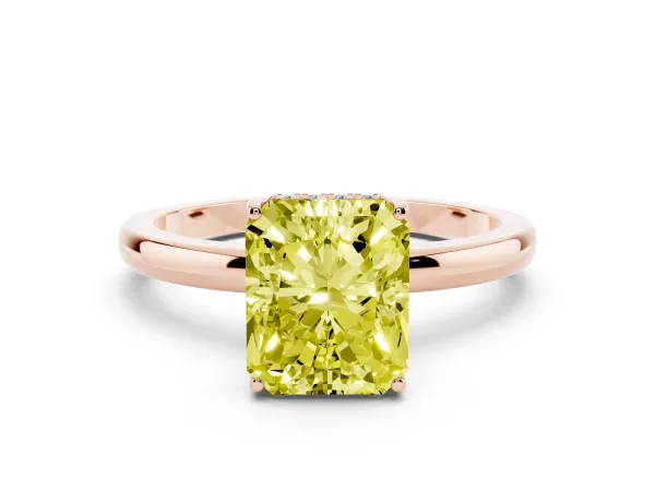 Fancy Yellow Radiant Cut Solitaire Diamond Ring with Prong Setting and Plain Band Rose gold