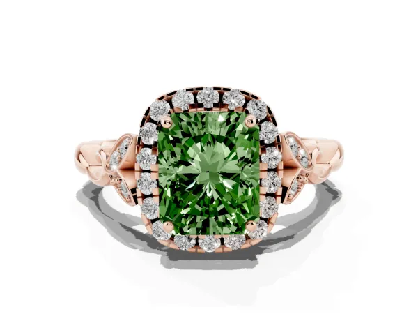 Fancy Green Radiant Cut Halo Diamond Engagement Ring with Vintage-Inspired Band and Four-Prong Setting Rose gold