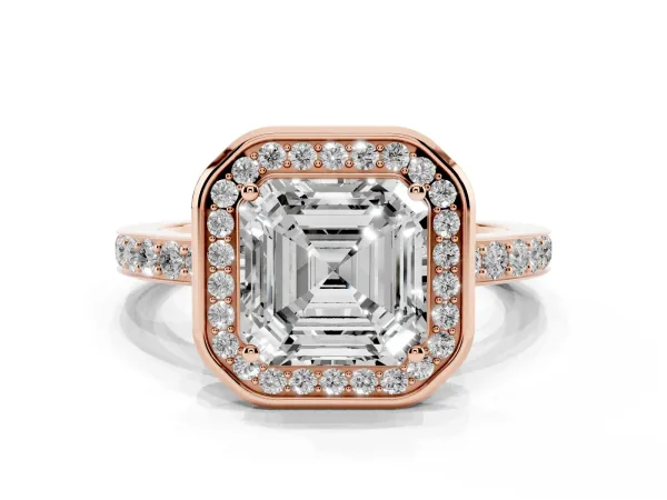 Asscher Cut Diamond Halo Ring with Bezel Frame and Pavé Band Rose gold