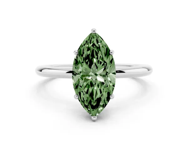 Fancy Green Marquise Cut Solitaire Diamond Ring with a Classic Band and Four-Prong Setting White gold