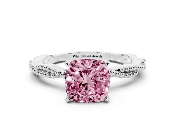 Fancy Pink Cushion Cut Solitaire Twisted Band with Bead Prong Setting White gold