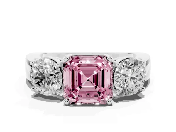Fancy Pink Three-Stone Asscher Cut Diamond Ring with Round Side Stones, Classic Band, and Four-Prong Setting Platinum