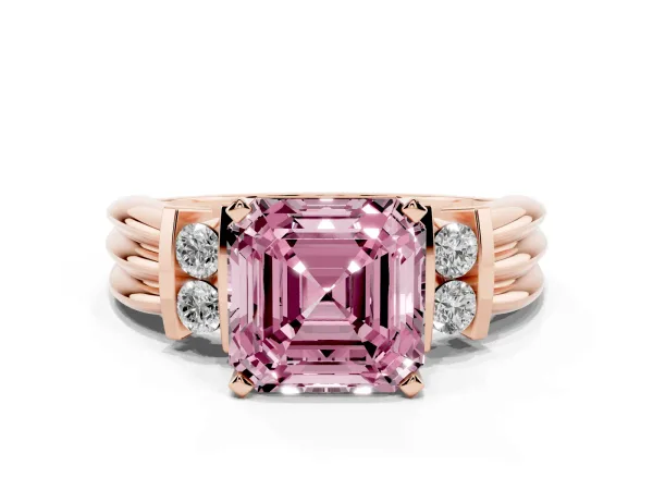 Fancy Pink Asscher Cut Cut Three-Stone Channel Set Ring with Bar Prongs Rose gold