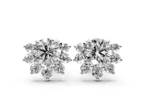 Cluster Round Diamond Stud Earrings with White Gold Band and Four-Prong Setting Silver