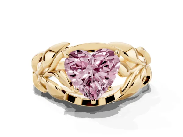 Fancy Pink Heart Cut Diamond Leaf-Inspired Engagement Ring with Round Accents and Prong Setting Yellow gold