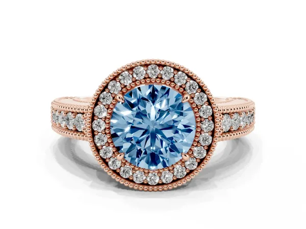Fancy Blue Round Cut Cut Halo Diamond Ring with Pavé Band and Four-Prong Setting Rose gold