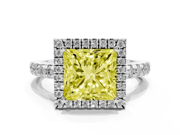 Fancy Yellow Princess Cut Diamond Halo Ring with Pavé Band and Four-Prong Setting White gold