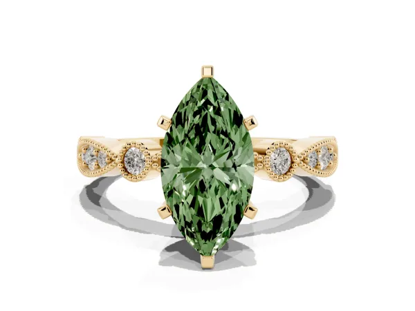 Fancy Green Marquise Cut Milgrain Bezel Diamond Engagement Ring with Solitaire Prong Setting Yellow gold