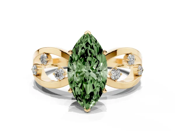 Fancy Green Marquise Cut Cut Solitaire Diamond with Side Stones on Criss-Cross Band and Four-Prong Setting Yellow gold