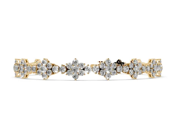 Round Diamond Floral Cluster Tennis Bracelet with Prong Setting Yellow gold