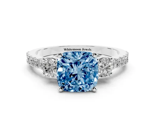 Fancy Blue Cushion Cut Three-Stone Diamond Pavé Band with Prong Setting White gold