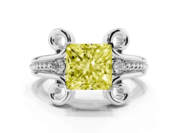 Fancy Yellow Princess Cut Solitaire Twisted Band Scroll Prong Ring White gold