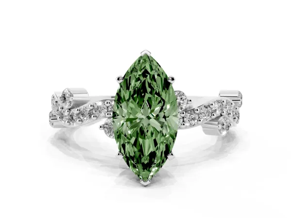 Fancy Green Marquise Cut Cut Solitaire Diamond Twisted Band with Pave Setting White gold