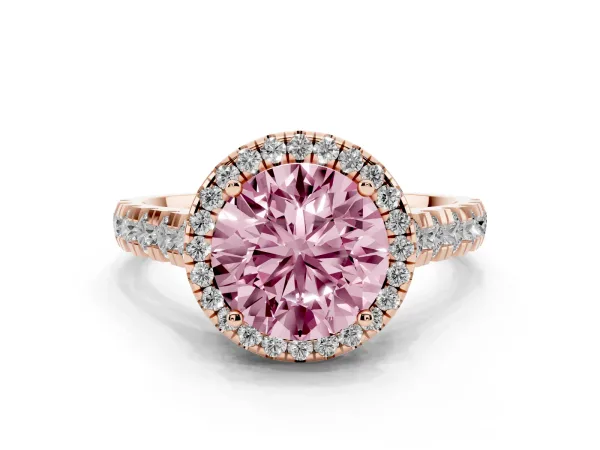 Fancy Pink Round Cut Halo Pavé Diamond Engagement Ring with Four-Prong Setting Rose gold