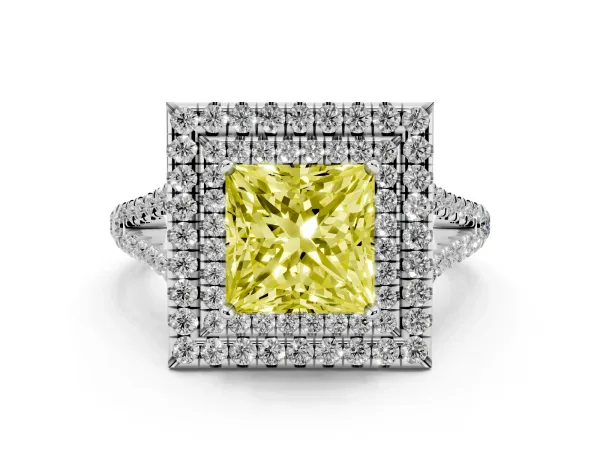 Fancy Yellow Princess Cut Diamond Double Halo Ring with Pavé Band and Prong Setting White gold