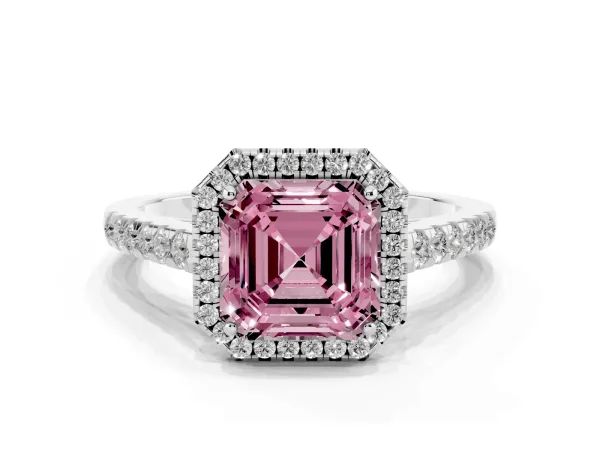 Fancy Pink Asscher Cut Halo Pave Diamond Engagement Ring with Four-Prong Setting Platinum