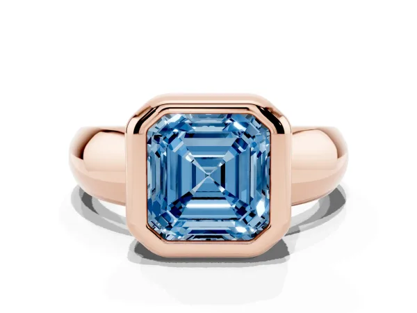 Fancy Blue Bezel Set Asscher Cut Solitaire Ring with Wide Band Rose gold