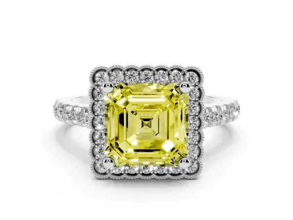 Fancy Yellow Asscher Cut Cut Diamond Milgrain Floral Halo Engagement Ring with Pavé Band Platinum