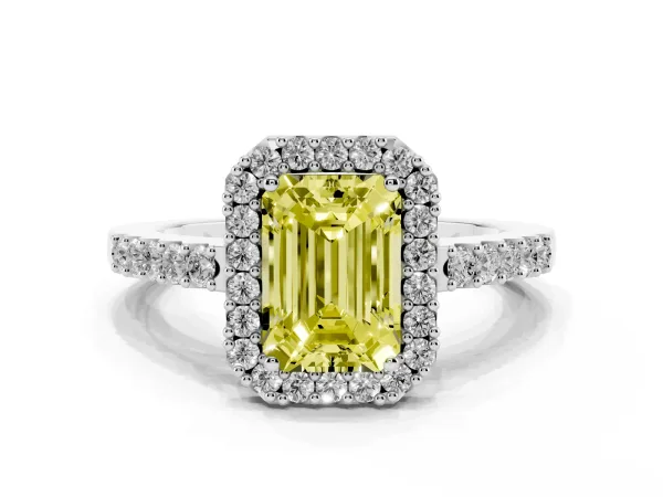 Fancy Yellow Emerald Cut Halo Diamond Pavé Solitaire Ring White gold