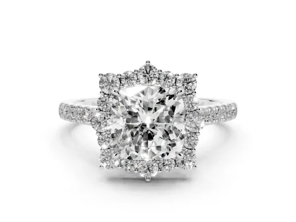 Cushion Cut Halo Diamond Ring with Pavé Band and Prong Setting White gold