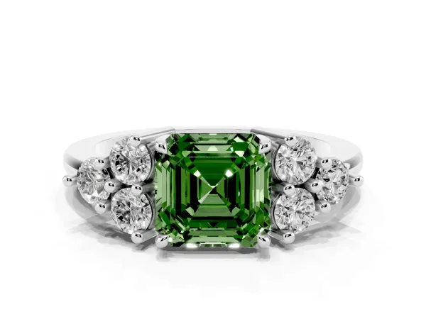 Fancy Green Asscher Cut Brilliant Diamond Cluster Accent Solitaire Ring with Prong Setting Platinum