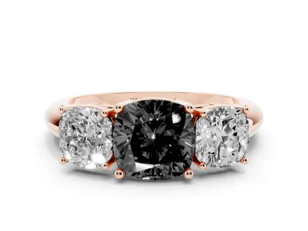 Fancy Black Three-Stone Cushion Cut Cut Diamond Engagement Ring with Prong Setting on a White Gold Band Rose gold
