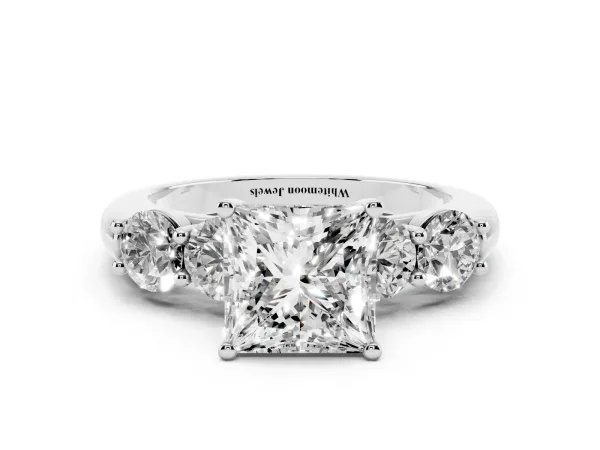 Princess Cut Cut Five-Stone Prong Set Diamond Ring with Classic Band Platinum