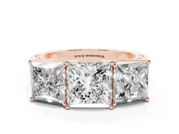 Princess Cut Diamond Three-Stone Ring with Prong Setting and Textured Band Rose gold