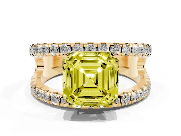 Fancy Yellow Asscher Cut Solitaire Split Shank Pave Diamond Ring Yellow gold