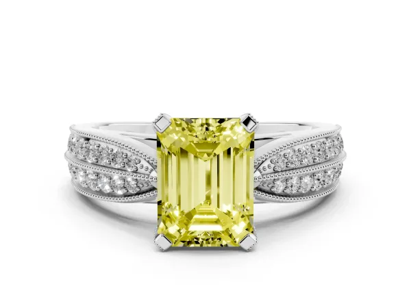 Fancy Yellow Emerald Cut Diamond Solitaire Ring with Milgrain Round Pavé Band and Prong Setting White gold