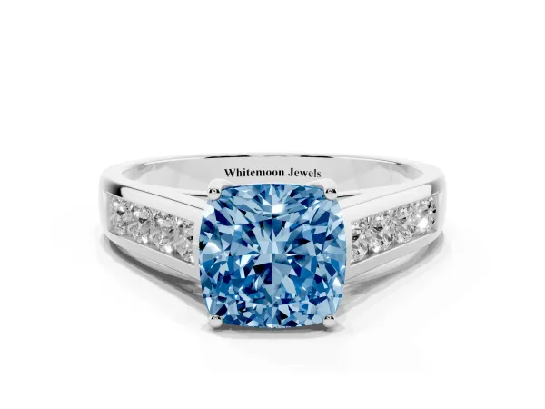 Fancy Blue Cushion Cut Solitaire Channel-Set Diamond Engagement Ring with Four-Prong Setting White gold