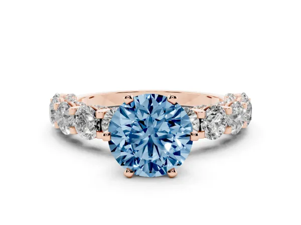 Fancy Blue Round Cut Diamond Side Stone Engagement Ring with Four-Prong Setting Rose gold