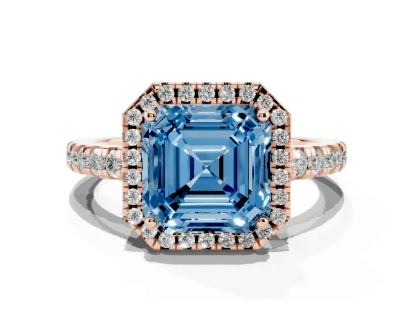 Fancy Blue Asscher Cut Diamond Halo Ring with Pavé Band and Four-Prong Setting Rose gold