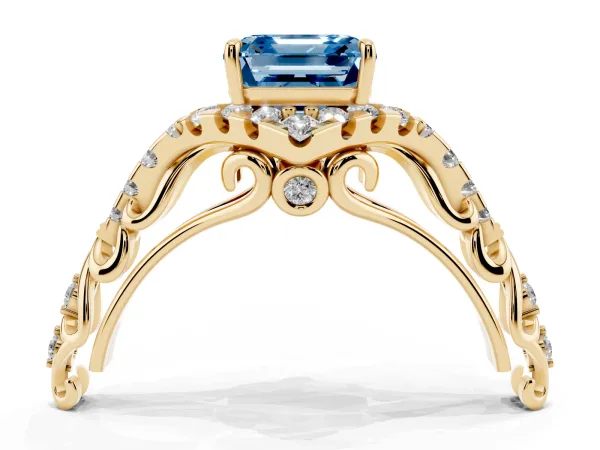 Fancy Blue Asscher Cut Diamond Solitaire Ring with Hidden Halo and Pavé Band Yellow gold