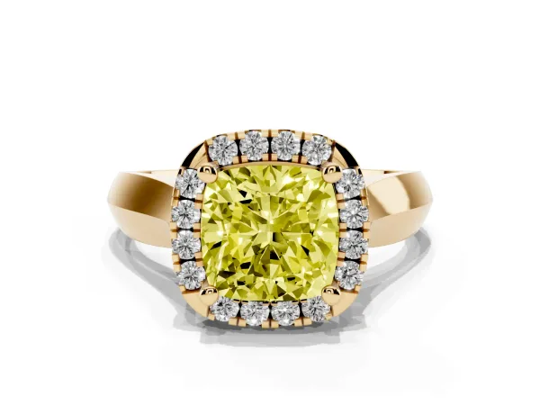 Fancy Yellow Cushion Cut Cut Halo Solitaire Engagement Ring with Square Band and Four-Prong Setting Yellow gold