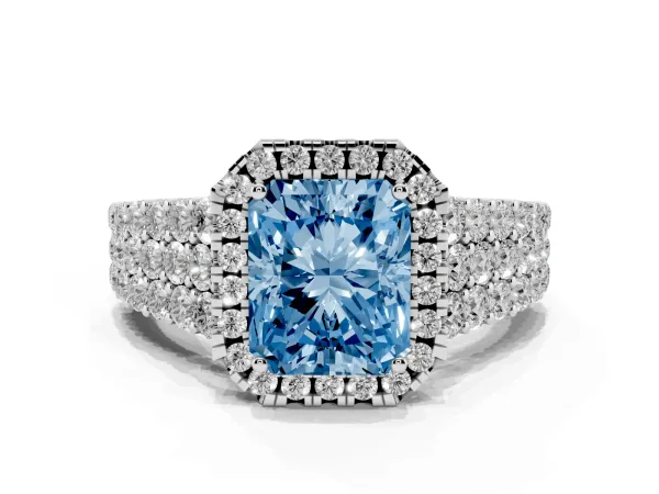 Fancy Blue Radiant Cut Diamond Halo Engagement Ring with Triple Row Round Pavé Band and Prong Setting Platinum