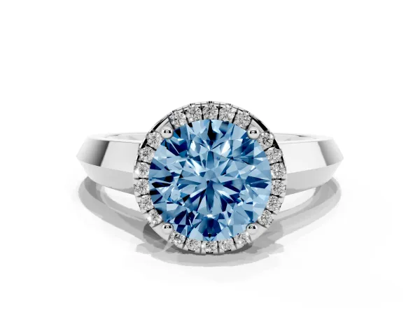 Fancy Blue Round Cut Halo Diamond Ring with Cathedral Band and Four-Prong Setting Platinum