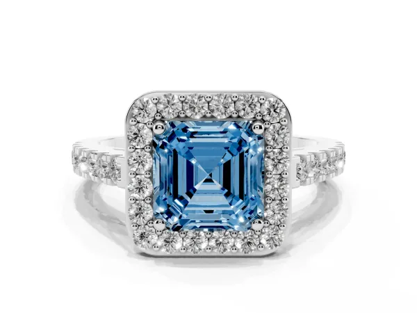 Fancy Blue Asscher Cut Diamond Halo Ring with Round Pavé Split Shank and Prong Setting Platinum