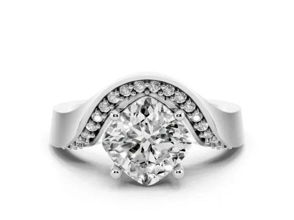 Cushion Cut Solitaire Diamond Engagement Ring with Pave Band and Four-Prong Setting White gold