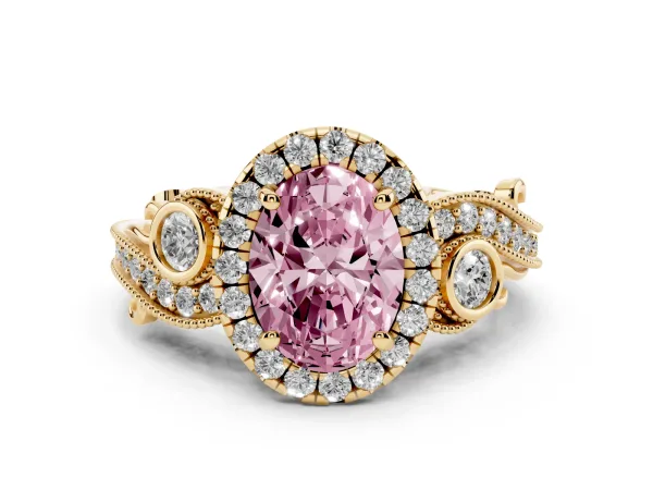 Fancy Pink Oval Cut Halo Diamond Ring with Milgrain and Bezel Accents on a Split Shank Band Yellow gold