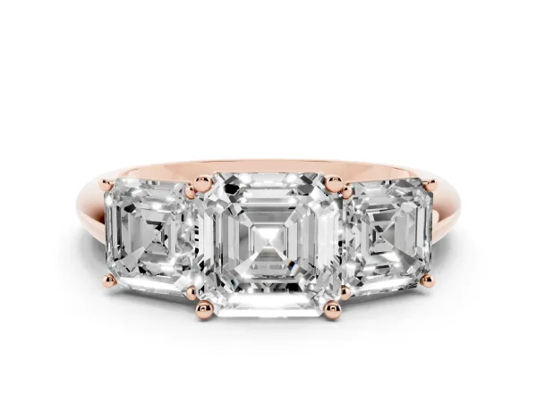 Three-Stone Asscher Cut Cut Diamond Engagement Ring with Prong Setting on a White Gold Band Rose gold