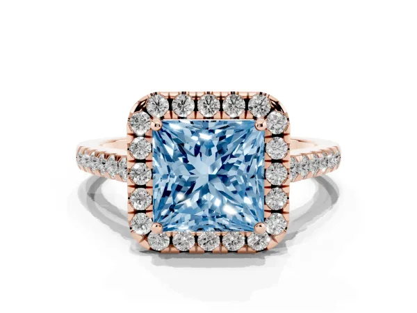 Fancy Blue Princess Cut Halo Pave Diamond Engagement Ring with Four-Prong Setting Rose gold