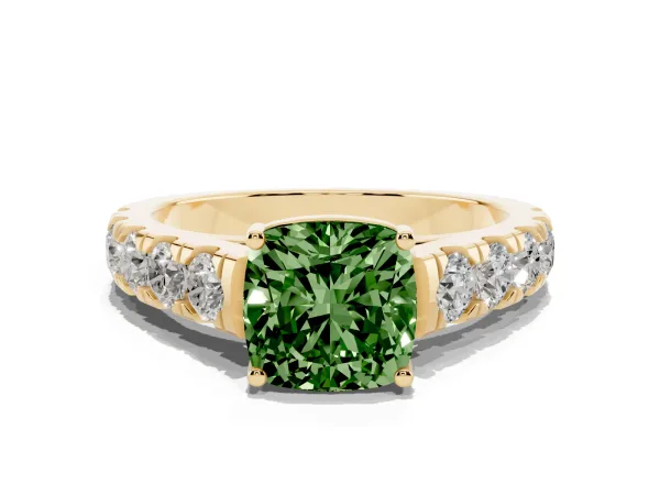 Fancy Green Cushion Cut Cut Diamond Solitaire Ring with Micro Pave Band and Prong Setting Yellow gold