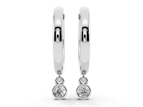 Round Diamond Bezel Drop Huggie Hoop Earrings Silver