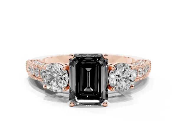 Fancy Black Emerald Cut Three-Stone Diamond Ring with Pavé Band and Four-Prong Setting Rose gold