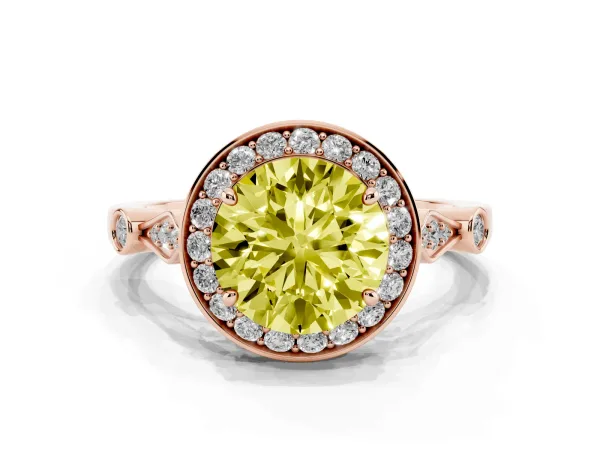 Fancy Yellow Round Cut Halo Diamond Engagement Ring with Twisted Band and Four-Prong Setting Rose gold